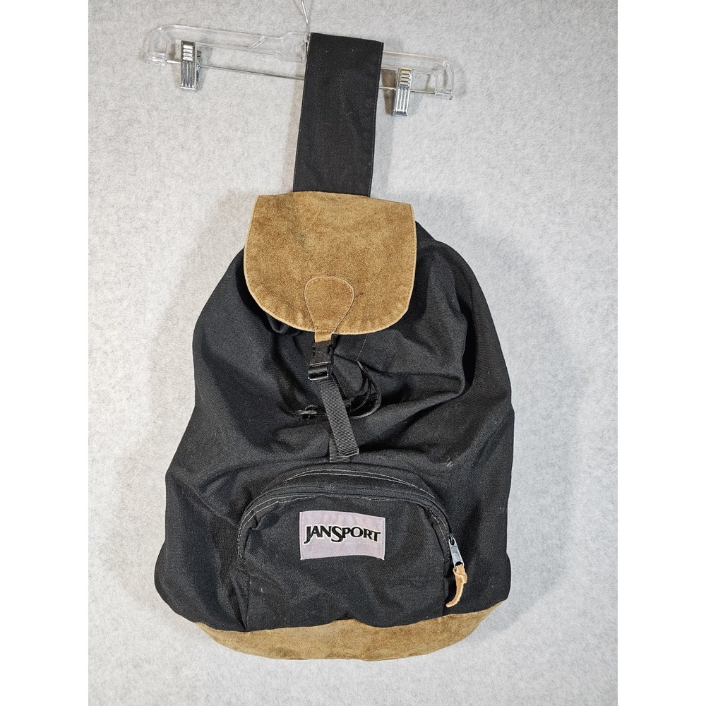 Vintage Jansport Sling Top Load Black Leather Bottom Backpack Large Sz USA Made